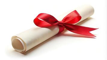 Low angle view of elegant diploma scroll with red ribbon on white background photo