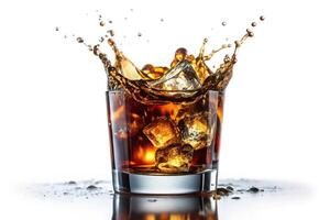 Low glass with splash of cola and whiskey isolated on white background, selective focus, copy space, eye level photo