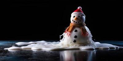 Low angle view of melting snowman against black background at the end of winter photo