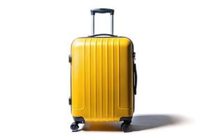 Macro shot of a large yellow travel suitcase with shadow on white background photo