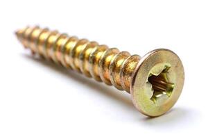 Macro shot of a single chipboard screw on white background photo