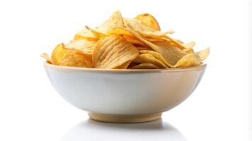 Macro bowl with tortilla chips isolated on white background with space for text photo