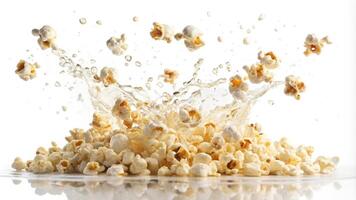Macro close up of falling popcorn creating a splash on a white background photo