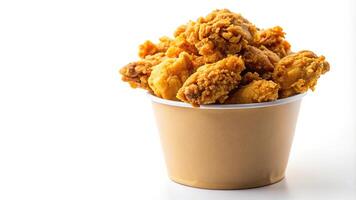 Macro shot of delicious crispy fried chicken in paper bucket on white background photo