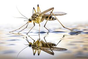 Macro of a mosquito on water isolated on white background Tilted Angle photo