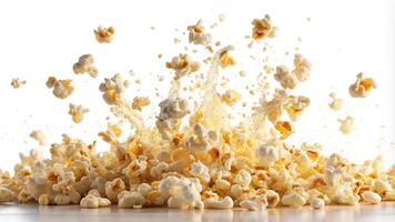 Macro falling popcorn splash on white background photo