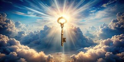 Magical key portal in the sky with copy space, eye level view photo