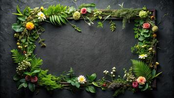 Medium shot of greenery and flowers on textured black background with copy space photo