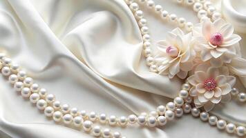 Medium shot of flowers and pearls on white satin background photo
