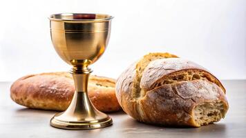 Macro close-up of holy communion chalice with wine and bread isolated on white background photo