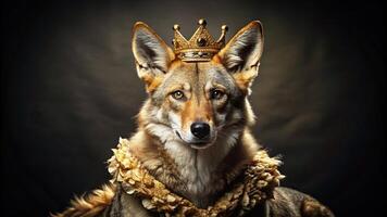 Luxurious coyote in crown and golden attire from high angle photo