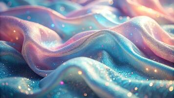 Macro shimmering wavy fabric texture gradient from pale pink to sky blue decorated with tiny particles of light photo