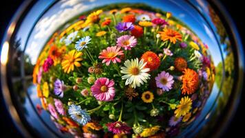 Macro close-up of small colored flowers on plants, colorful world of nature flora background and textures, color mixing photo