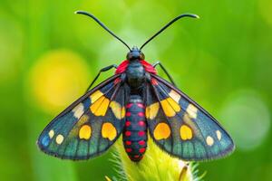 Macro shot of a nine spotted moth or yellow belted burnet insect on a plant photo