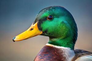 Macro shot of a mallard duck isolated on a clear background photo