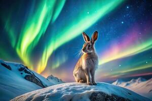 Majestic bunny posing on mountain with aurora borealis in the background photo