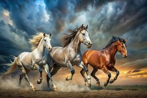 Majestic horses galloping through stormy skies in a bold and impressionistic style photo