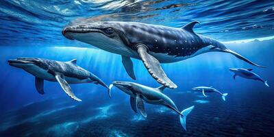 Majestic humpback whales swimming in deep blue ocean photo