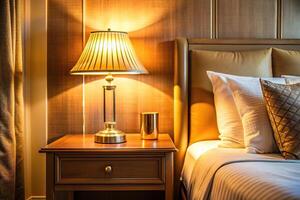 Luxurious hotel bedside table with a warm light bedside lamp illuminating the scene photo