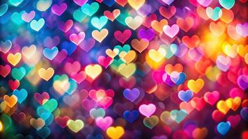Macro abstract colorful bokeh background with heart shapes for Valentine celebration created with photo