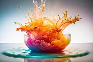 Macro peach splash in water with colorful ink cloud underneath photo