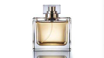 Perfume bottle with blank label being splashed by water in symmetrical composition photo