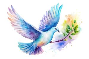 Peaceful dove flying at eye level over serene watercolor background with space for text photo