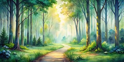 Panoramic watercolor forest background with path leading into the woods photo