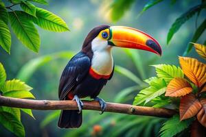 painting of a toucan perched on a branch with leaves Worm's Eye View photo