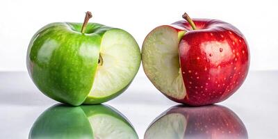 Photo of a mix of red and green apple halves reflected on a shiny surface