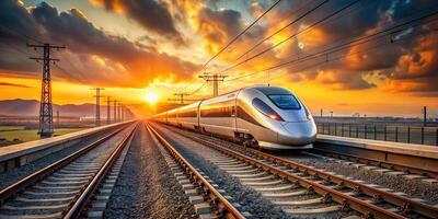 Panoramic high-speed bullet train on railway at sunset with modern tracks background photo