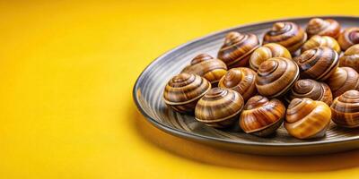 Photo of boiled snails in gray plate on yellow background with leading lines
