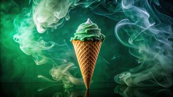 Panoramic ice cream in waffle cone with green smoke on dark green background photo