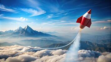 Paper rocket flying with clouds and mountains in background photo