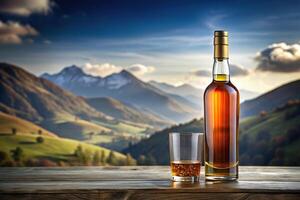 Panoramic image of Botella The Macallan single malt scotch whisky bottle on display photo
