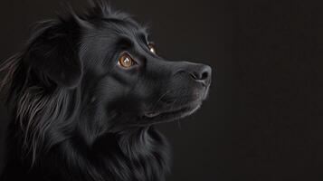 A black dog with bright eyes gazing thoughtfully in low light conditions photo