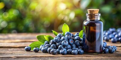 Panoramic bottle of bilberry extract with fresh bilberries photo