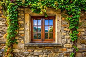 Picturesque window framed with stone exterior vine hanging down photo