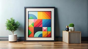 Panoramic modern contemporary background with abstract shapes and bold color palette, minimalist black frame photo
