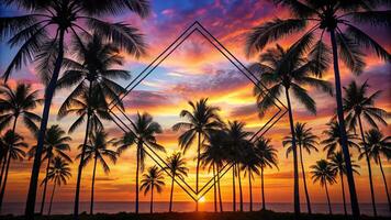 Palm trees silhouetted against a sunset sky with a geometric frame photo