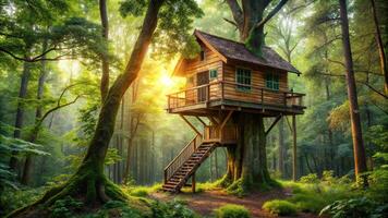 Panoramic view of a forest treehouse photo