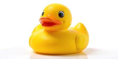 Rubber duck toy with unique asymmetrical design isolated on white background photo