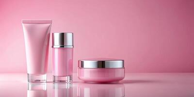 Pink packaging for cosmetics products on a simple pink background Worm's Eye View photo