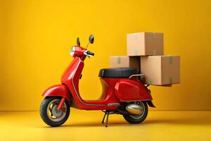 Red scooter with cardboard boxes isolated on yellow background Worm's Eye View photo