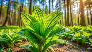 Plant growing in forest at springtime with depth of field photo