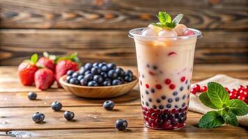 Refreshing berry bubble tea in a plastic cup with tapioca pearls on a wooden table photo