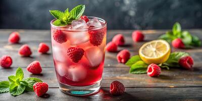 Refreshing iced raspberry lemonade cocktail from a worm's eye view photo