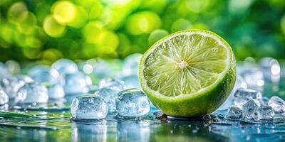 Refreshing lime drink with ice cubes in sparkling water against a summer background photo
