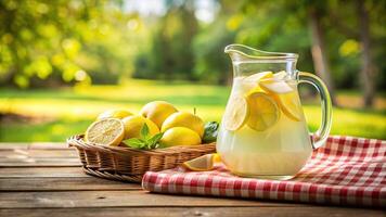 Refreshing lemonade pitcher sitting on a picnic table with blurred foreground and background photo