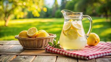Refreshing lemonade pitcher on a picnic table photo